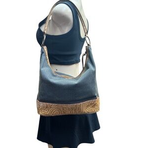Tommy Hilfiger .  Blue and Tan Hobo Bag with Slouchy Silhouette